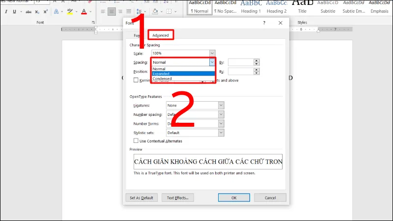 Nhấn chọn mục Advanced trong hộp thoại Font